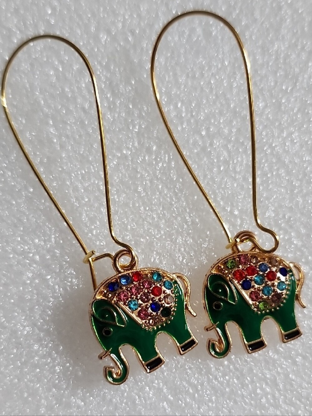 Green Elephant Dangle Earrings with Multicolor Crystals